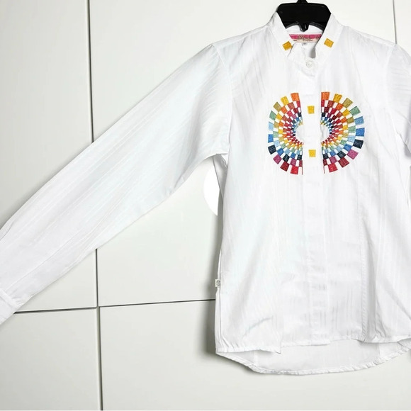 PRIDE- Rainbow Embroidered Blouse Size Medium Button Front Collar Long Sleeve - Picture 2 of 9